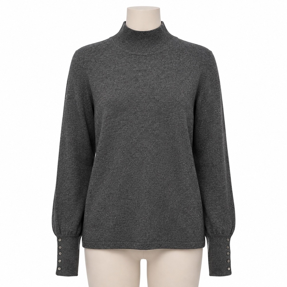 Precious Fibers Mock Neck Sweater Womens Medium Gray 100% Cashmere Button Cuff